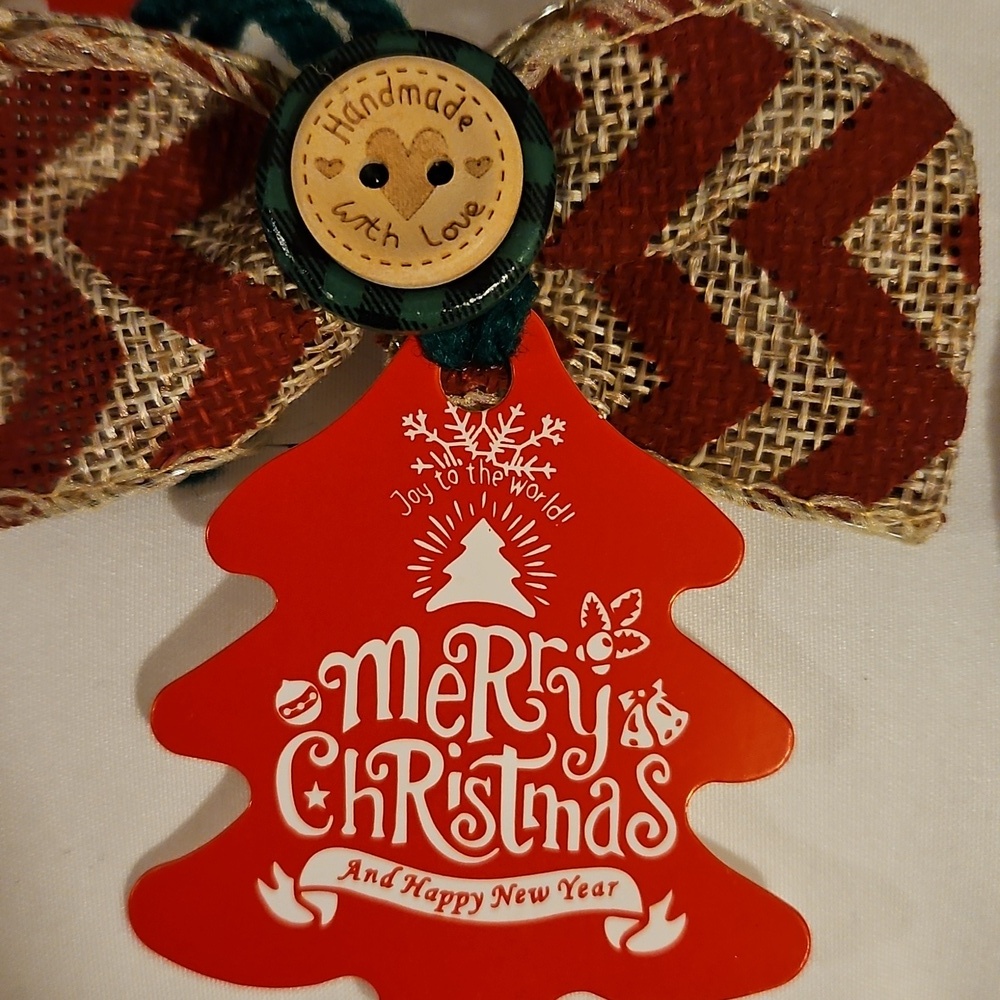 Upcycled Handmade Christmas tags Holiday Ornaments 10-Set Red Christmas Tree 3"